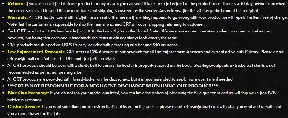 CRT Website: Warranty, Returns, Discounts, Exchange, and Custom Service