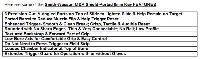 Smith & Wesson Shield - Ported 9mm Key Features