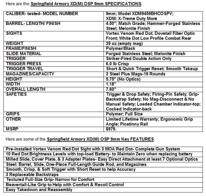 Springfield XDM OSP SPECS