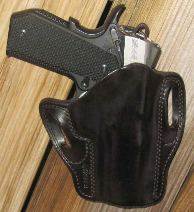 Springfield EMP4 Contour with Kramer Leather's Horsehide Scabbard Pancake Holster Tucked Tight for Concealment