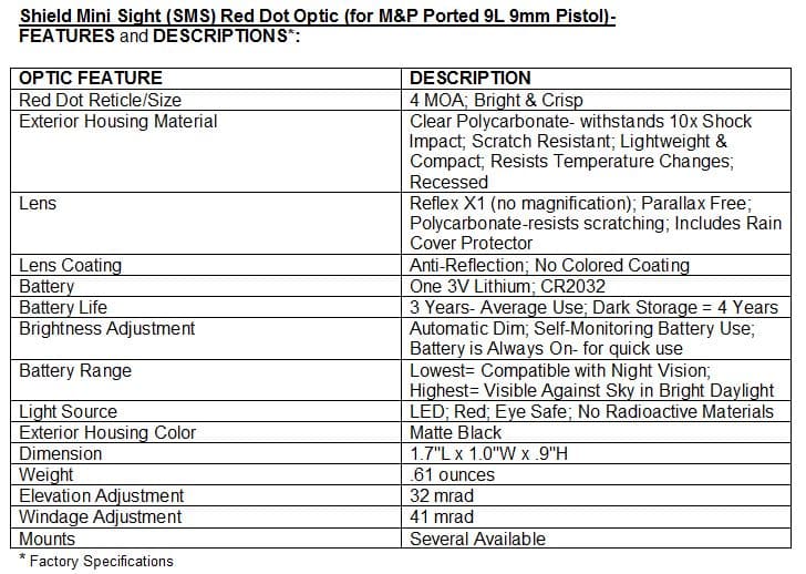 Shield SMS Red Dot SPECS-from Manufacturer