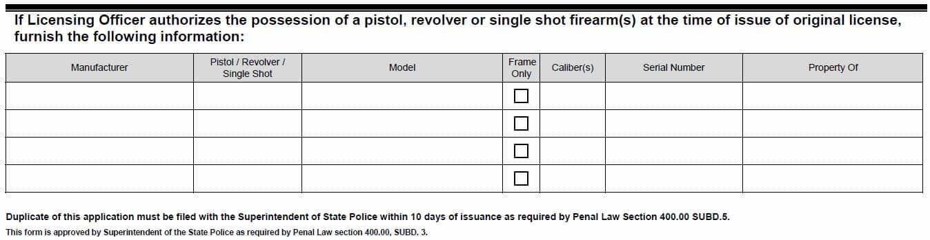 Required Handgun Data on The New York Pistol/Revolver License Application for Concealed Carry