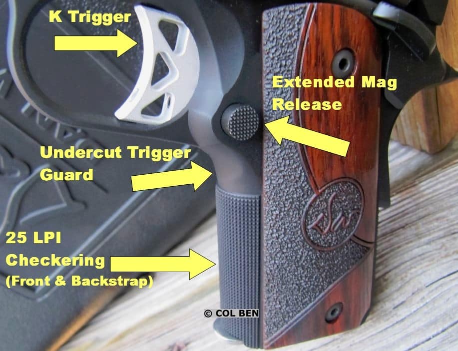 Vigil CCO 9mm's K Trigger, Undercut Trigger Guard, Extended Magazine Release, and Fine Grip Checkering