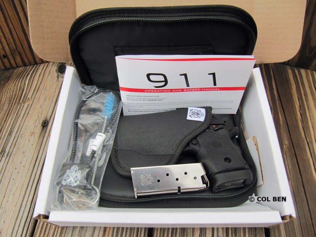 Springfield 911 9mm in Cardboard Box with Zippered Case, Pocket Holster, Mag, Lock, Instruction Manual & Bore Flag
