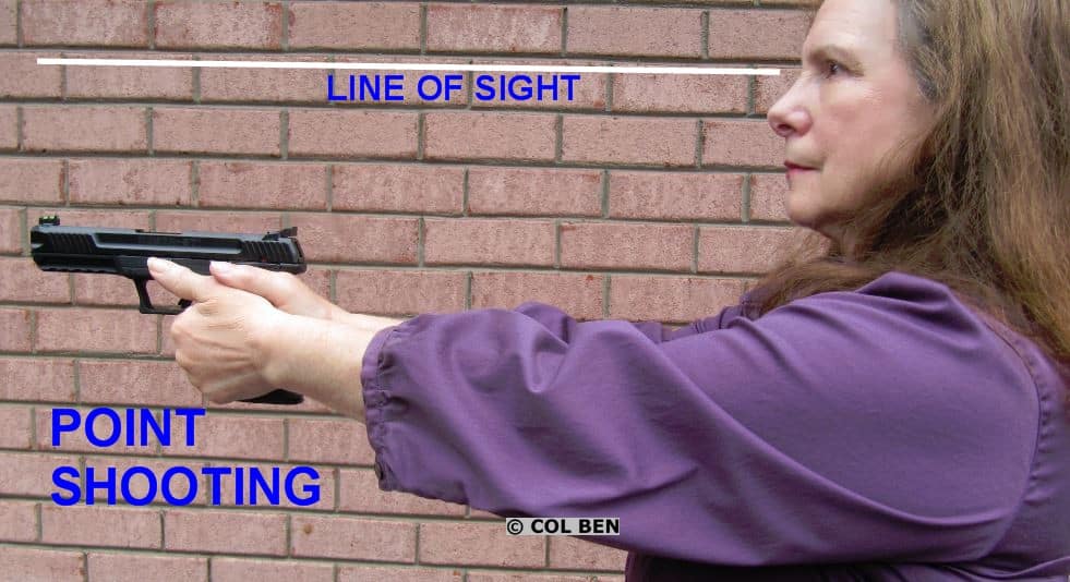 The shooter's line of sight is above the sights of the gun and the gun is aligned at the chin area.