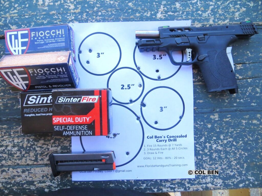 Performance Center M&P9 Shield EZ 9mm Target Hits at 7 Yards, Various Ammo, & My Concealed Carry Drill Circle Targets