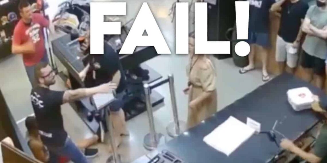 Man At Gun Store Counter Violates All Safety Rules And Shoots Friend.