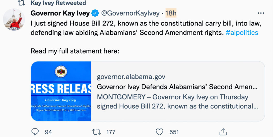 Alabama Gov. Signed Constitutional Carry Into Law; Goes Into Effect Jan. 1, 2023