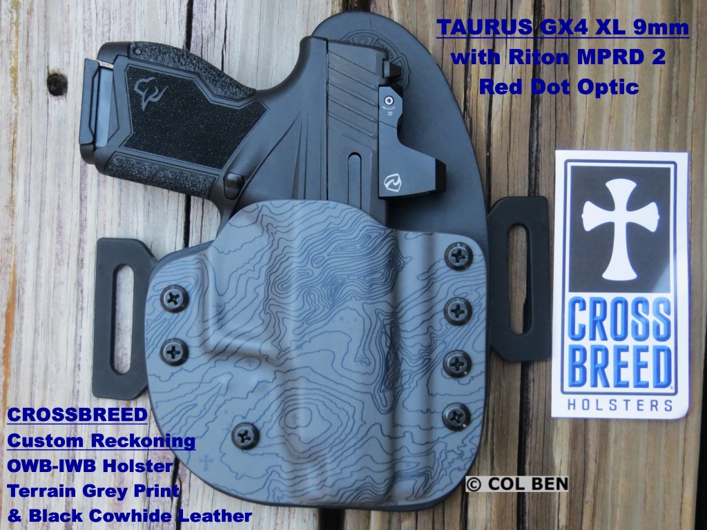 CrossBreed's Custom Reckoning Holster is Adjustable with Various Leather Backer Options (Black Cowhide shown) & Kydex Print Designs (Terrain Grey shown) for the GX4 XL with Optic