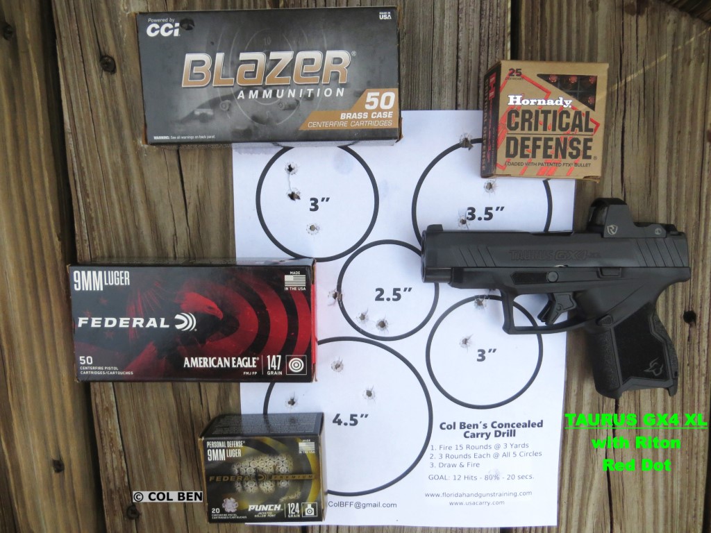 Target Hits- Taurus GX4 XL with Riton Red Dot 9mm with Various Ammo Slow Fired at 7 Yards