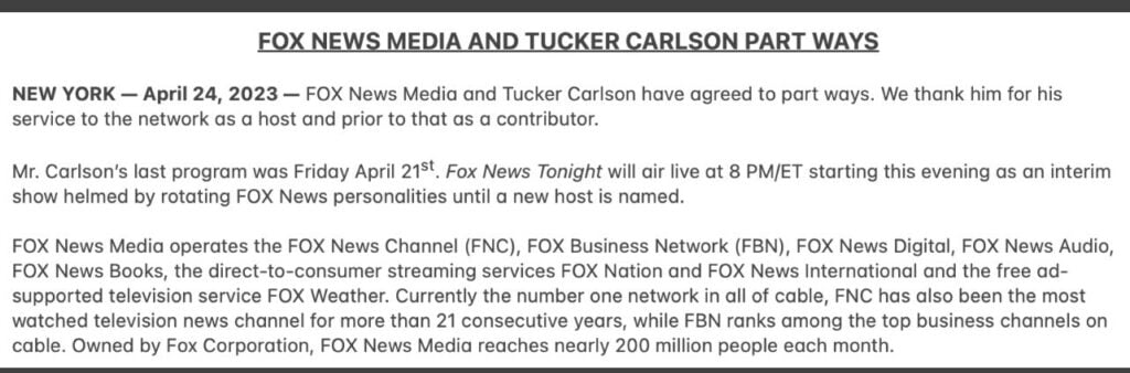 Fox News Tucker Carlson Media Release