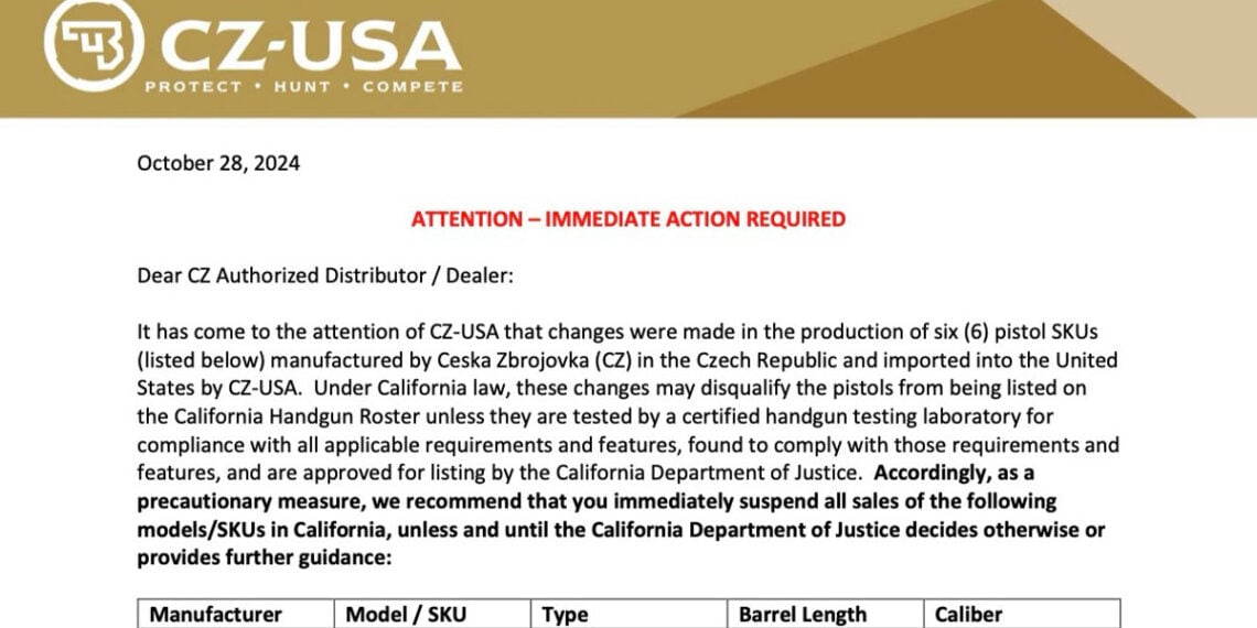CZ Pistols Face California Compliance Review: Temporary Sales Suspension Recommended