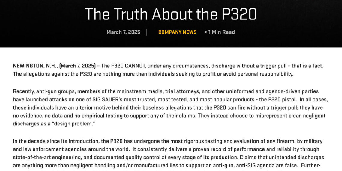 SIG Sauer Defends P320 Amid Controversy Over Alleged Unintended Discharges