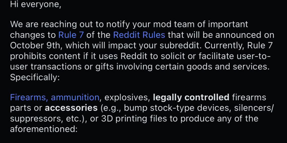 Reddit Changes Content Policy to Ban User-to-User Sales of Gun Parts, Optics, and Enhancements, Effective October 9