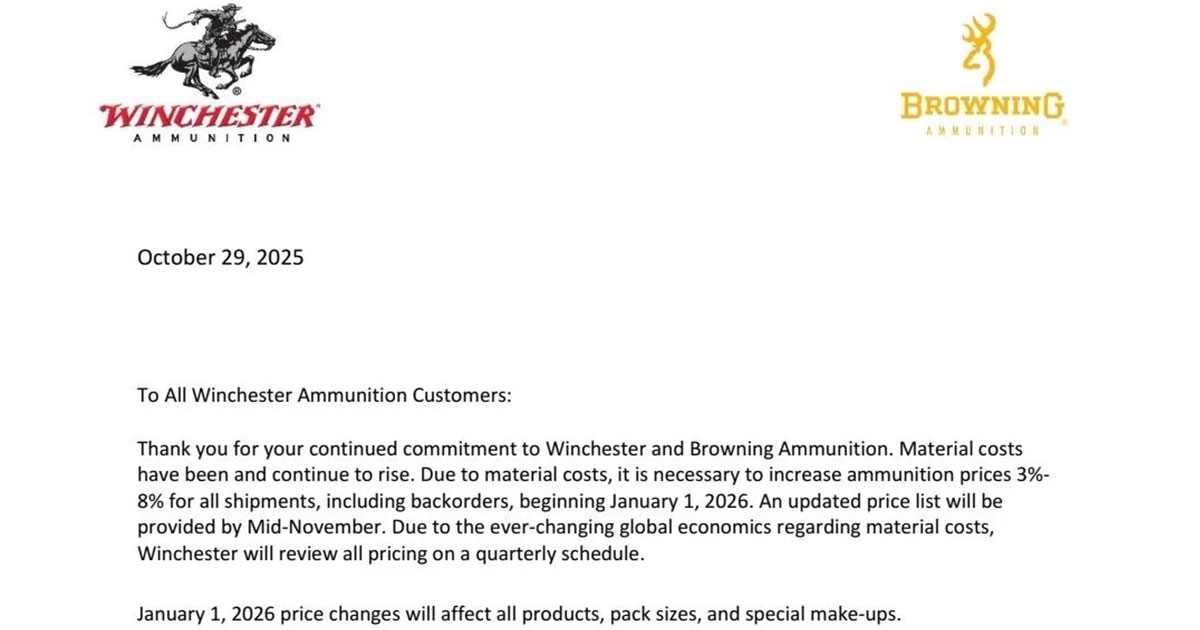 Buy Now or Pay More Later? Winchester to Raise Ammo Prices 3-8% Starting January 1, 2026 Buy Now or Pay More Later? Winchester to Raise Ammo Prices 3-8% Starting January 1, 2026