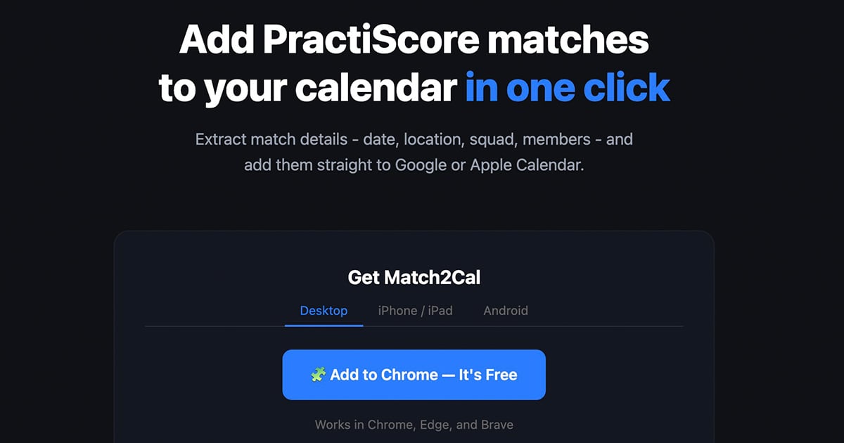 I Got Tired of Manually Adding USPSA Matches to My Calendar, So I Built Match2Cal — and It’s Free I Got Tired of Manually Adding USPSA Matches to My Calendar, So I Built Match2Cal — and It’s Free