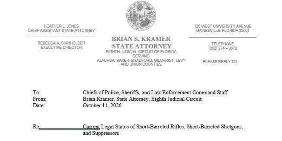 Florida Prosecutor to Sheriffs and Police Chiefs: Florida Law Does Not Require an ATF Tax Stamp for Short-Barreled Rifles and Shotguns After Silencer Shop Ruling